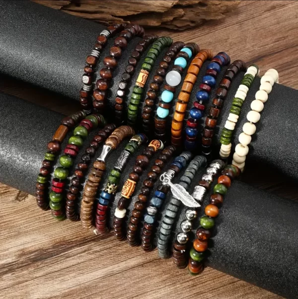 22-Piece Set Vintage Style Bohemian Wooden Beaded Bracelets, Synthetic Turquoise and Cat's Eye Beads, Fashionable Stacking Brace - Image 4
