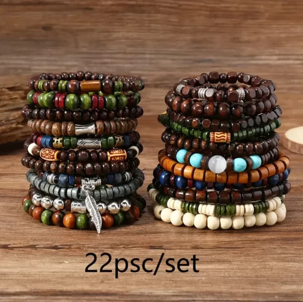 22-Piece Set Vintage Style Bohemian Wooden Beaded Bracelets, Synthetic Turquoise and Cat's Eye Beads, Fashionable Stacking Brace - Image 2