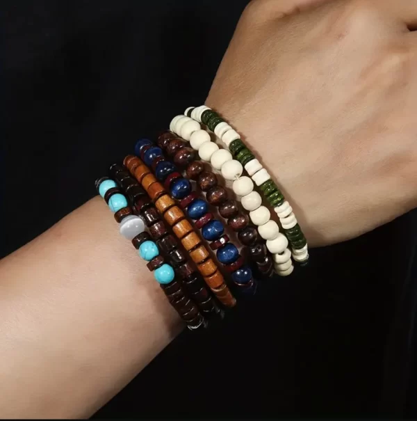 22-Piece Set Vintage Style Bohemian Wooden Beaded Bracelets, Synthetic Turquoise and Cat's Eye Beads, Fashionable Stacking Brace - Image 6