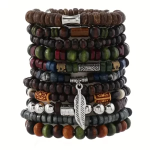 22-Piece Set Vintage Style Bohemian Wooden Beaded Bracelets, Synthetic Turquoise and Cat's Eye Beads, Fashionable Stacking Brace