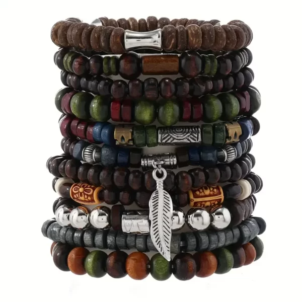 22-Piece Set Vintage Style Bohemian Wooden Beaded Bracelets, Synthetic Turquoise and Cat's Eye Beads, Fashionable Stacking Brace