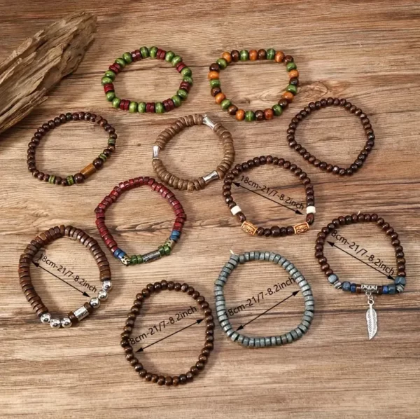 22-Piece Set Vintage Style Bohemian Wooden Beaded Bracelets, Synthetic Turquoise and Cat's Eye Beads, Fashionable Stacking Brace - Image 3