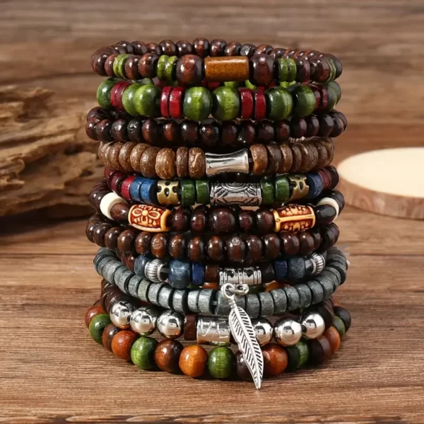 22-Piece Set Vintage Style Bohemian Wooden Beaded Bracelets, Synthetic Turquoise and Cat's Eye Beads, Fashionable Stacking Brace - Image 5