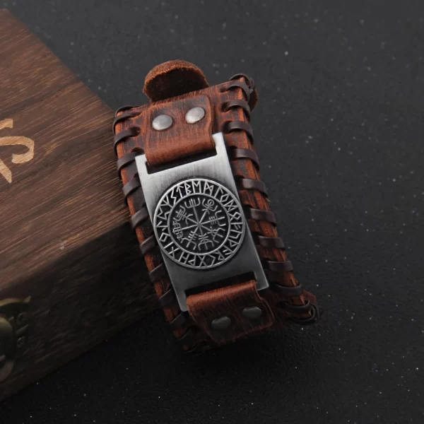Charm Wide Leather Bracelet Men Punk Braided Rope Alloy Cuff Bangle Male Wristband Viking Bracelet Mens Jewelry with wood box - Image 2