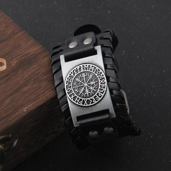 Charm Wide Leather Bracelet Men Punk Braided Rope Alloy Cuff Bangle Male Wristband Viking Bracelet Mens Jewelry with wood box - Image 3