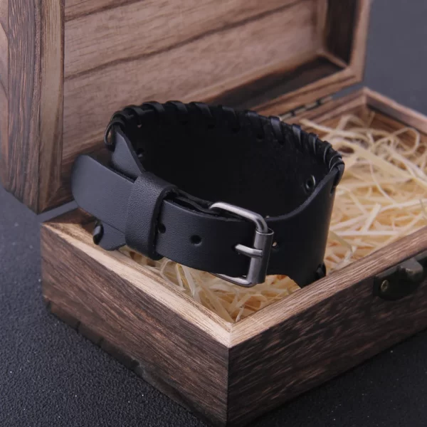 Charm Wide Leather Bracelet Men Punk Braided Rope Alloy Cuff Bangle Male Wristband Viking Bracelet Mens Jewelry with wood box - Image 5