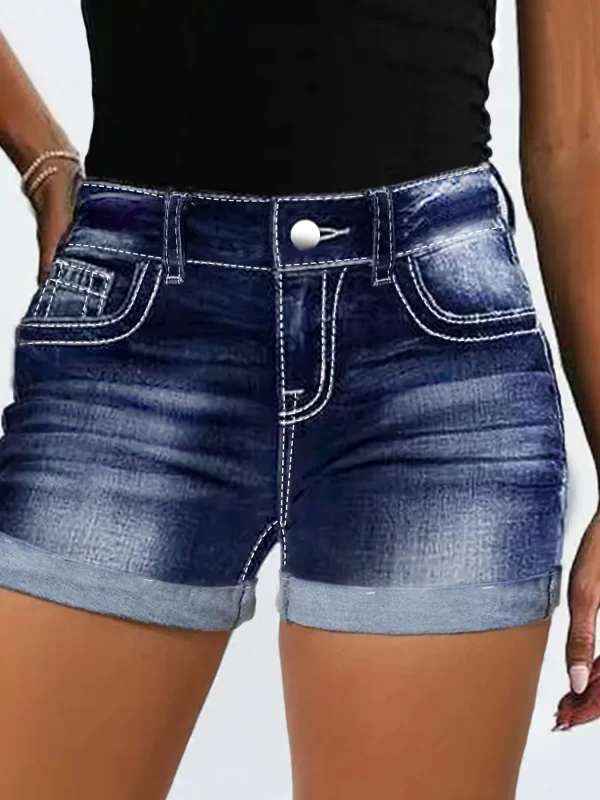 Solid color geometric bull's head embroidered back bag with curled hem retro style tight high waist fashion women's denim shorts - Image 5
