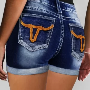 Solid color geometric bull's head embroidered back bag with curled hem retro style tight high waist fashion women's denim shorts