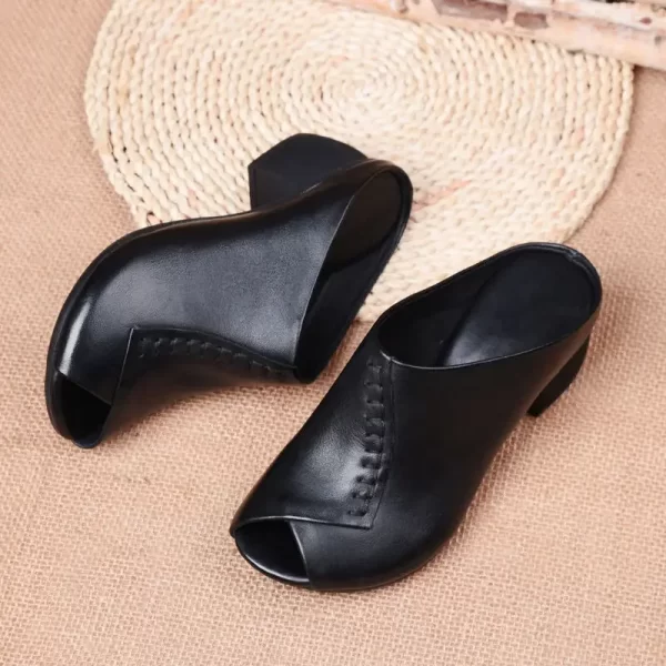 Thick-heeled Soft Leather Outer Slippers Fish Mouth Comfortable Versatile Mid-heeled Women Sandals Women's Mother's Shoes Women - Image 2