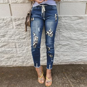 New In Plus Size Jeans For Women Denim Leopard Print Holes In The Elastic Waist Denim Pants Vintage Jeans For Women Teen Girl
