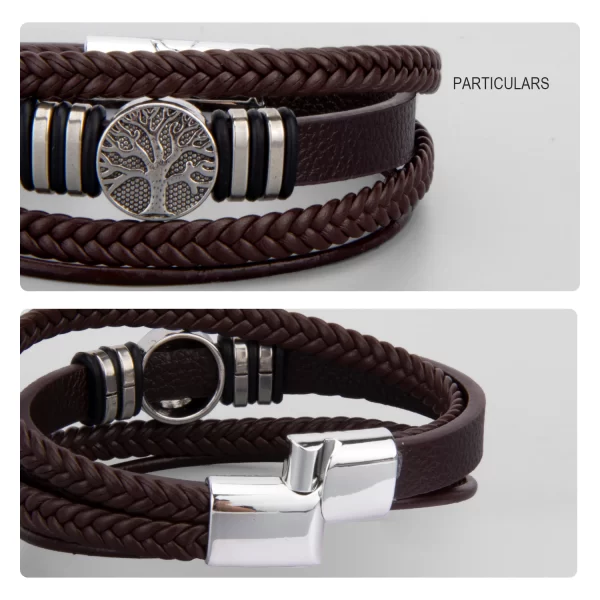 3 Color Woven Leather Man Bracelets Hand-woven Multi-layer Bracelet For Man Black Brown Rope Male Tree Bangle Punk Zinc Alloy - Image 3
