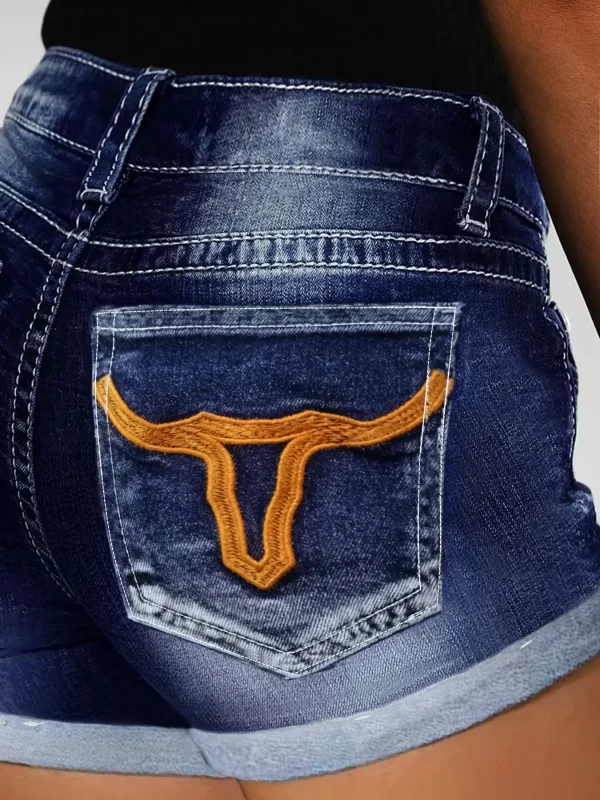 Solid color geometric bull's head embroidered back bag with curled hem retro style tight high waist fashion women's denim shorts - Image 4