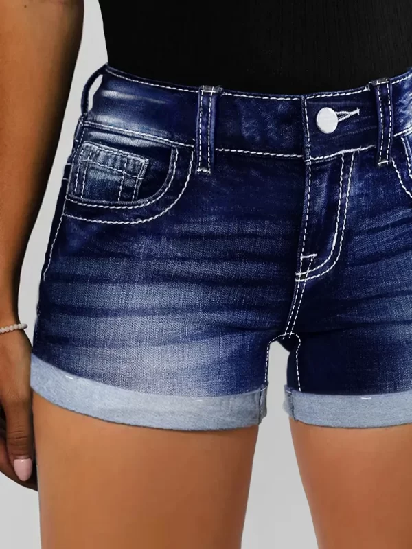 Solid color geometric bull's head embroidered back bag with curled hem retro style tight high waist fashion women's denim shorts - Image 3