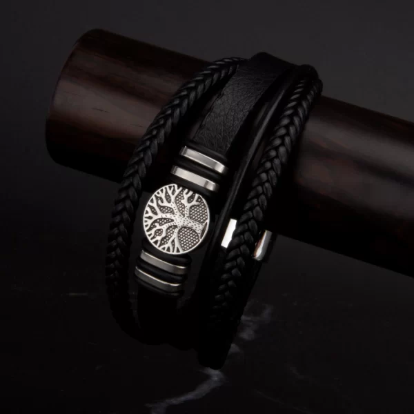 3 Color Woven Leather Man Bracelets Hand-woven Multi-layer Bracelet For Man Black Brown Rope Male Tree Bangle Punk Zinc Alloy - Image 2