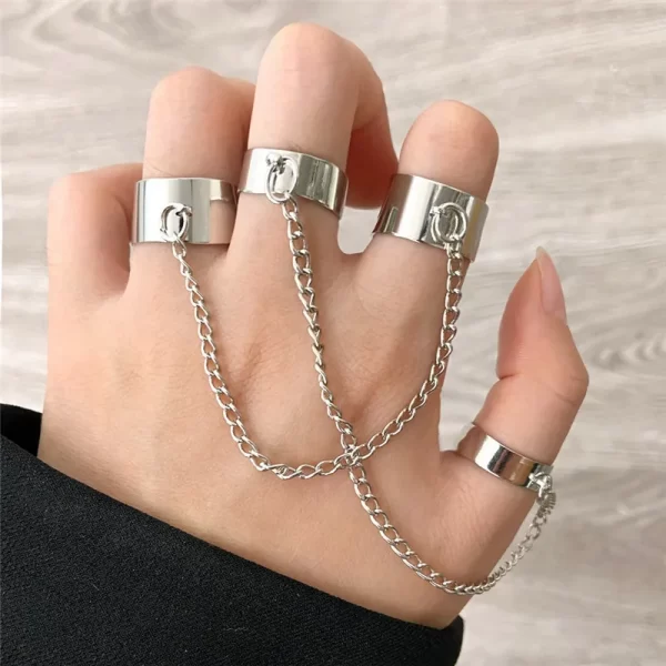 Punk Geometric Silver Color Chain Wrist Rings for Women and Men, Charm Hip Hop Chain Open Rings Set, Couple Fashion Jewel - Image 4