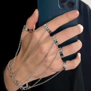 Punk Geometric Silver Color Chain Wrist Rings for Women and Men, Charm Hip Hop Chain Open Rings Set, Couple Fashion Jewel