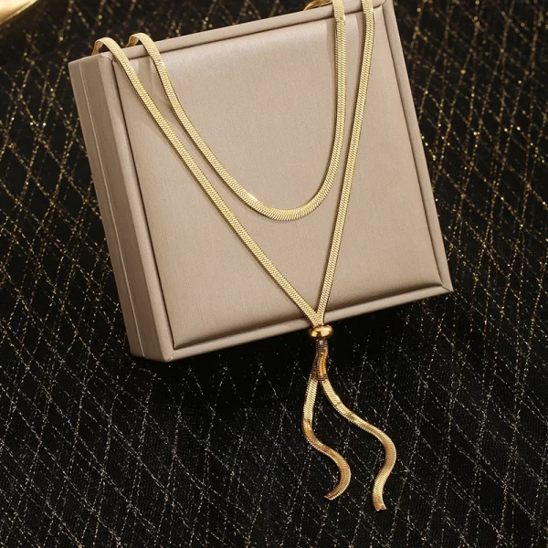 316L Stainless Steel New Fashion Fine Jewelry 134cm Pull Adjusting Charm Flat Snake Chain Choker Necklaces Pendants For Women - Image 3