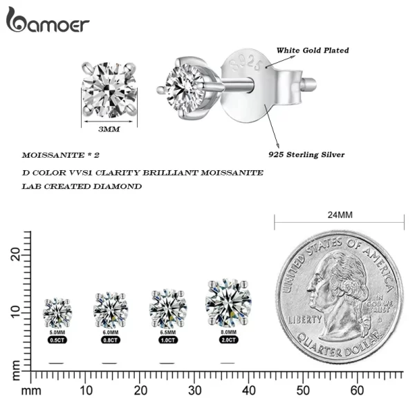 Bamoer 925 Sterling Silver Simple Round Moissanite Stud Earrings for Men Women Classic Engagement Certified Fine Jewelry Gift - Image 6