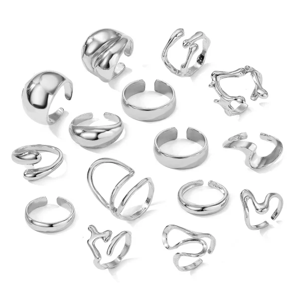 15Pcs/Set Exaggerated Metal Irregular Lines Water Droplet Smooth Rings for Women Men Punk Retro Boho Fashion Jewelry Gift - Image 6