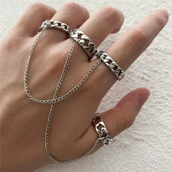Punk Geometric Silver Color Chain Wrist Rings for Women and Men, Charm Hip Hop Chain Open Rings Set, Couple Fashion Jewel - Image 2