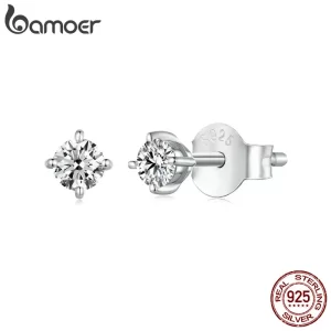 Bamoer 925 Sterling Silver Simple Round Moissanite Stud Earrings for Men Women Classic Engagement Certified Fine Jewelry Gift