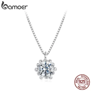 BAMOER Flower Buds Moissanite Necklace, 925 Sterling Silver Pendant Necklace with Box Chain for Women Romantic Jewellry Gift