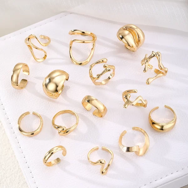 15Pcs/Set Exaggerated Metal Irregular Lines Water Droplet Smooth Rings for Women Men Punk Retro Boho Fashion Jewelry Gift - Image 4