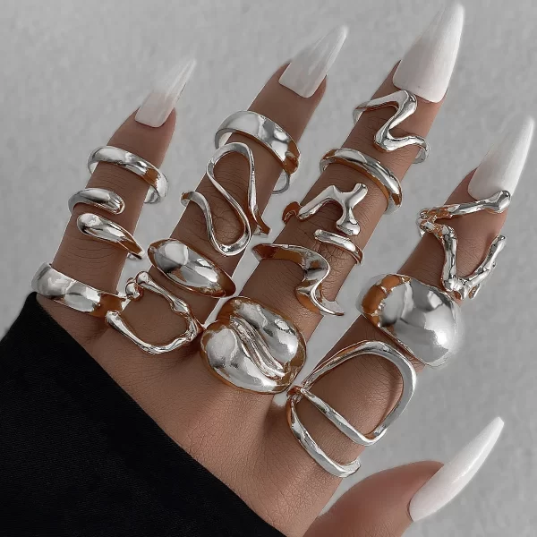 15Pcs/Set Exaggerated Metal Irregular Lines Water Droplet Smooth Rings for Women Men Punk Retro Boho Fashion Jewelry Gift - Image 2