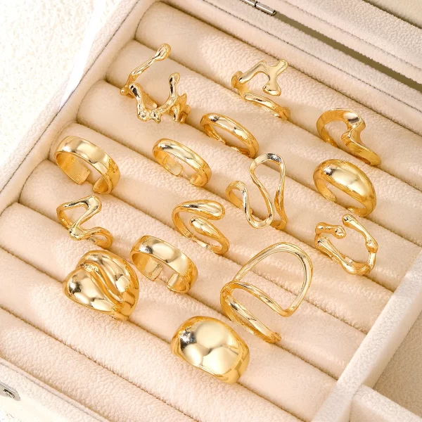 15Pcs/Set Exaggerated Metal Irregular Lines Water Droplet Smooth Rings for Women Men Punk Retro Boho Fashion Jewelry Gift - Image 5
