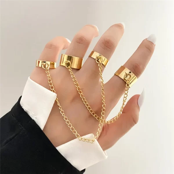 Punk Geometric Silver Color Chain Wrist Rings for Women and Men, Charm Hip Hop Chain Open Rings Set, Couple Fashion Jewel - Image 3