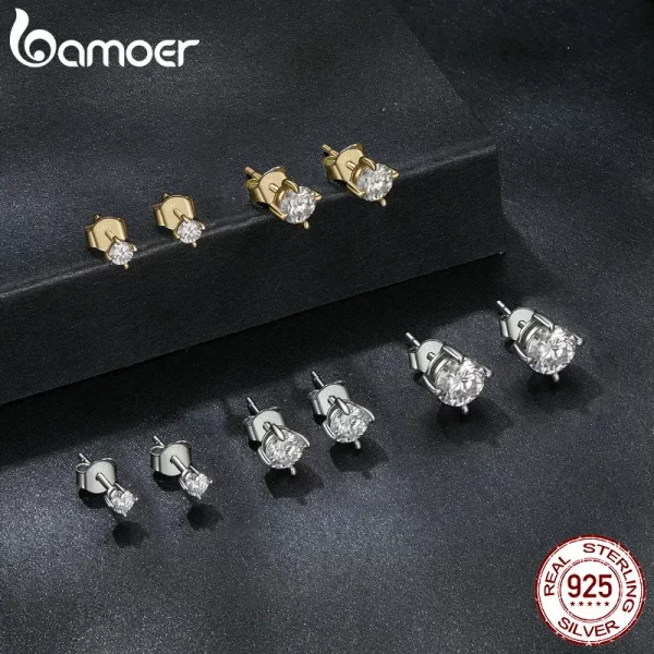 Bamoer 925 Sterling Silver Simple Round Moissanite Stud Earrings for Men Women Classic Engagement Certified Fine Jewelry Gift - Image 4