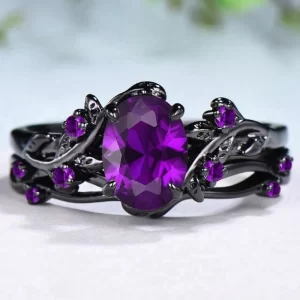 elegant women's retro style purple gemstone ring gun black rose branch cross two piece set classic wedding fashion jewelry