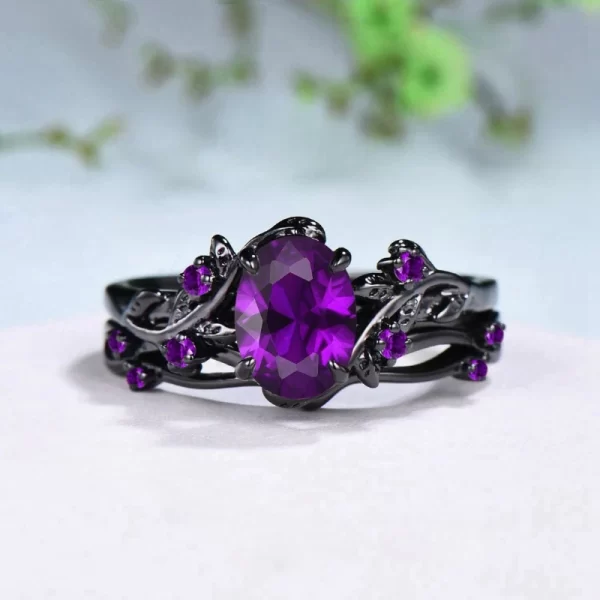 elegant women's retro style purple gemstone ring gun black rose branch cross two piece set classic wedding fashion jewelry