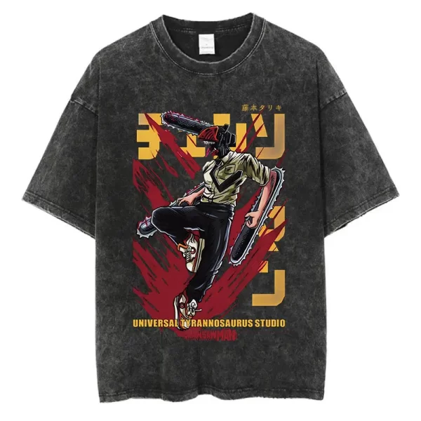anime chainsaw man washed tshirt men streetwear harajuku graphic vintage t shirt cotton casual t shirt summer short sleeve tops
