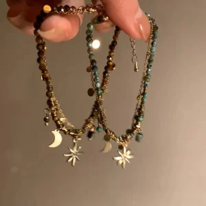 vintage natural stone double layered beads bracelets for women fashion metal mang star pendant bracelets y2k charm jewelry gifts