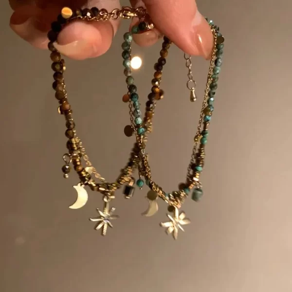 vintage natural stone double layered beads bracelets for women fashion metal mang star pendant bracelets y2k charm jewelry gifts