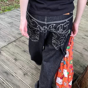 y2k embroidered black wide leg jeans women american retro casual loose denim pants streetwear 2025 new high waist baggy trousers