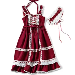 lolita dress sweet girls cute japanese kawaii spaghetti strap maid vintage lace ribbons headwear lace women summer party prom