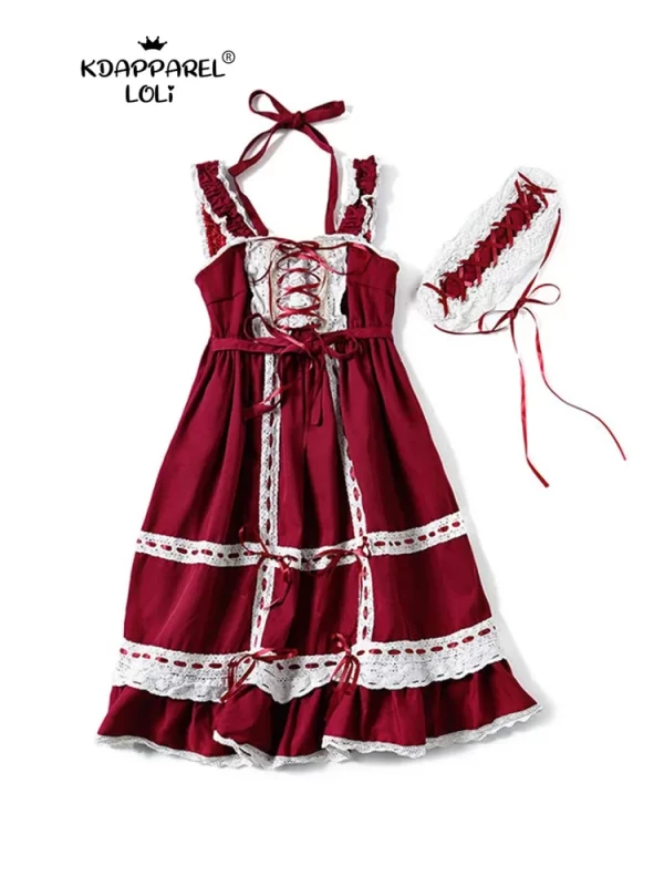lolita dress sweet girls cute japanese kawaii spaghetti strap maid vintage lace ribbons headwear lace women summer party prom