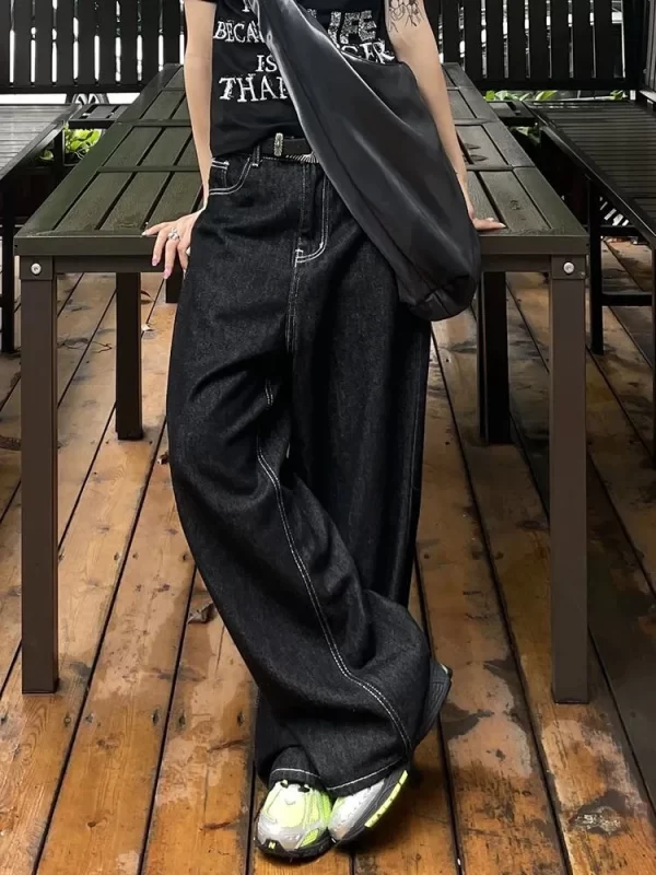 「md」american high street embroidered wide leg jeans women's retro all match casual slim loose straight floor length pants
