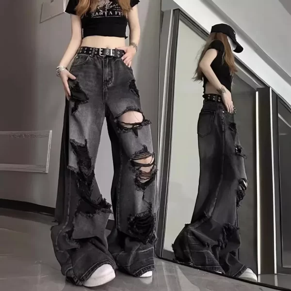 unique cool ripped jeans women's summer distressed american style bell bottoms loose fit versatile straight leg long pants