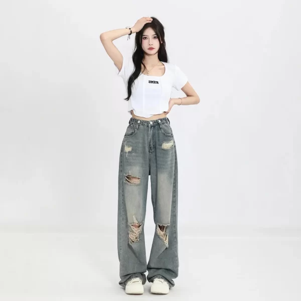 vintage hole y2k women's jeans high waisted jeans wide leg loose straight leg hip hop street wear floor length denim pants