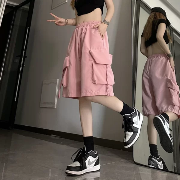 gidyq women high waist cargo shorts american style streetwear summer wide leg pants fashion female big pocket loose shorts new