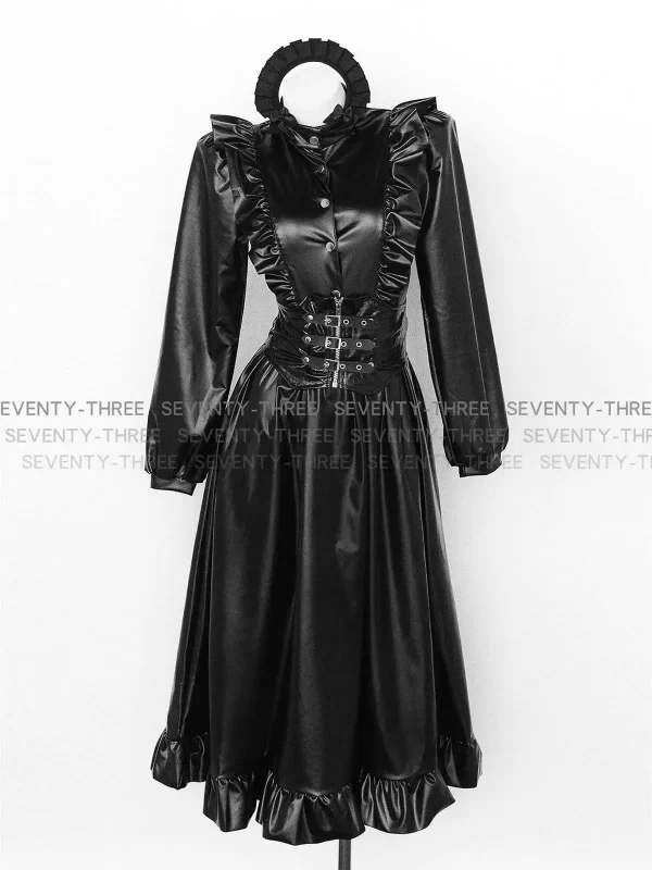 2025 divemaid pu leather collar long skirt maxi dress big hemline maid costume cosplay women's servant roleplay outfit