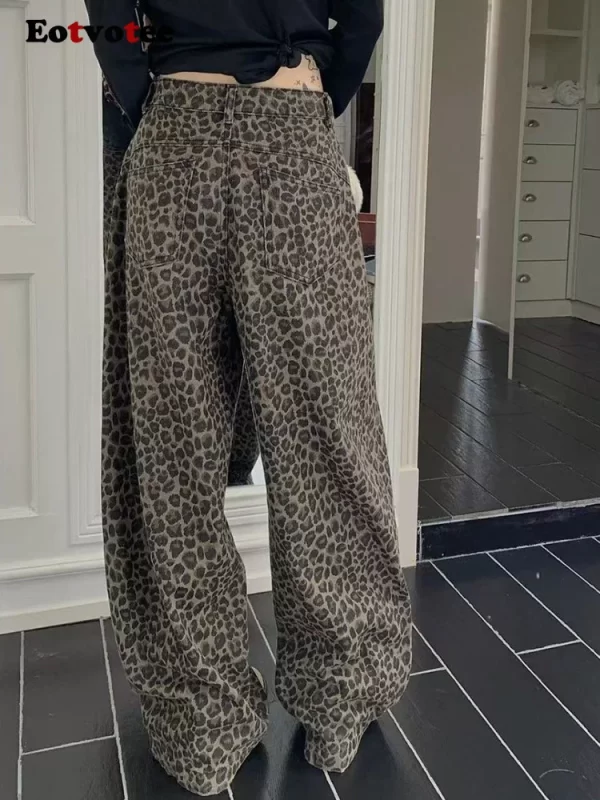american style vintage leopard straight jeans women y2k korean fashion high waist wide leg pants 2025 new casual loose jeans