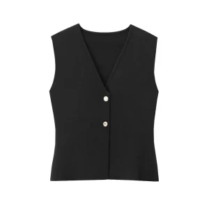 stunrobes women v neck pleated knitted casual top metal vest button sleeveless top female clothing fashion lady vest for women