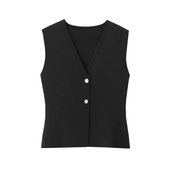 stunrobes women v neck pleated knitted casual top metal vest button sleeveless top female clothing fashion lady vest for women