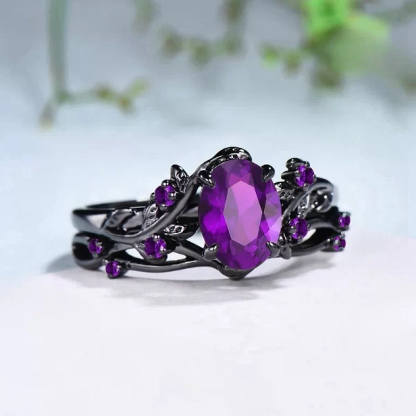 elegant women's retro style purple gemstone ring gun black rose branch cross two piece set classic wedding fashion jewelry