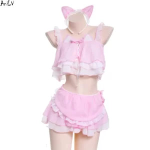 anilv anime lolita cats girl maid swimsuit costume cute pink cat ears swimwear uniform pool party cosplay