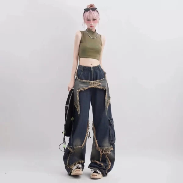 new american vintage washed five point star frayed hem jeans for women high street niche oversized straight leg long pants